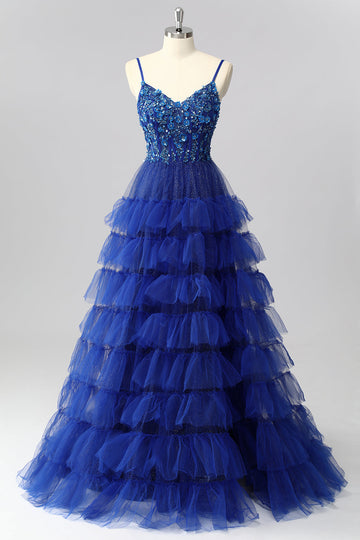 Corset bleu royal scintillant Une robe de bal longue à plusieurs niveaux avec appliques